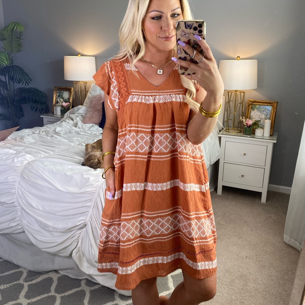 Burnt Orange Printed Mini Dress